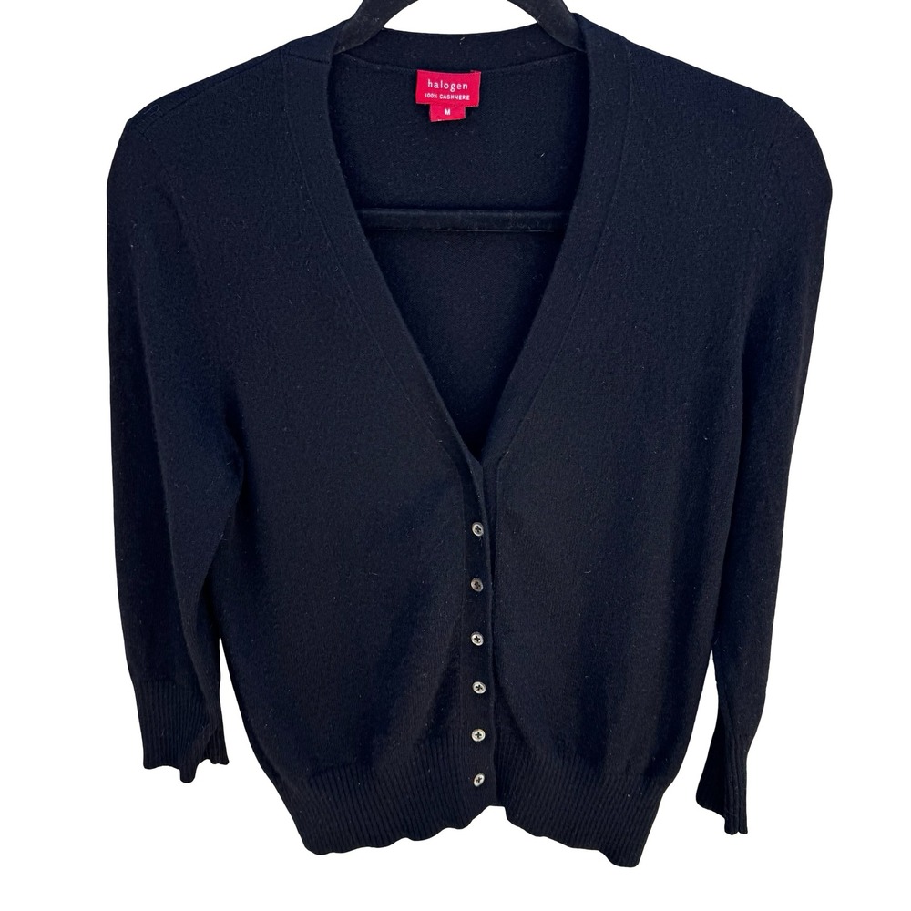 Halogen 100% Cashmere V-Neck Button Up Old Money Cardigan Sweater Womens M Black